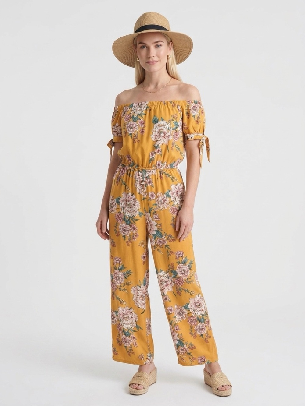 Band of Gypsies Yellow Floral Off Shoulder Wide Leg Jumpsuit